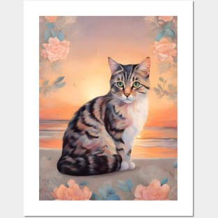 Floral Cat Pastel With Beautiful Sunset Posters and Art